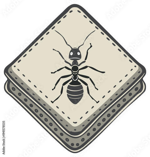 Funny cartoon ant with a surprised face on a stitched fabric patch emblem vector illustration