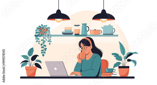 Freelance woman works on a laptop while drinking coffee in a cozy home office environment filled with lush green indoor plants and lamps.