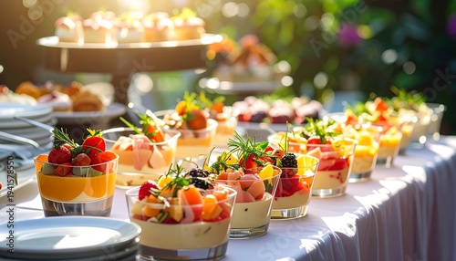 Outdoor buffet with desserts in cups, plates, sunshine, and floral backdrop