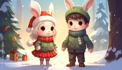 Two cute bunny children stand in a snowy winter forest, dressed for Christmas