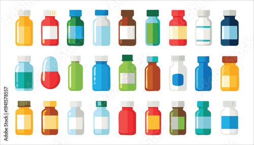 vector Collection of Various Colored Medicine Bottles