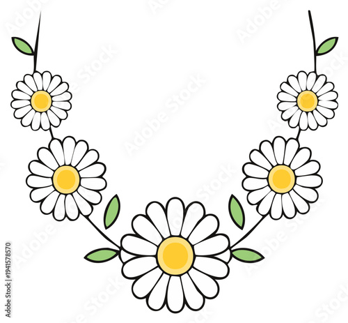 Charming cartoon daisy flower garland hanging in a delicate arc illustration with green leaves