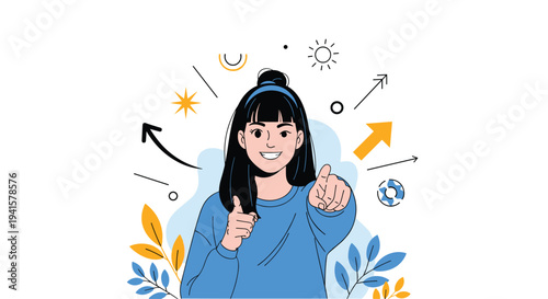 Happy young woman points directly at the camera while surrounded by various abstract icons and arrows representing choice and direction.