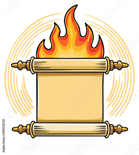 Ancient scroll with fiery flames and radiating lines symbolizing divine revelation or sacred text