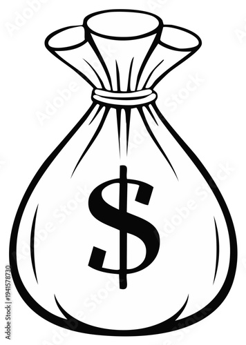 Black and white illustration of a money bag with a dollar sign