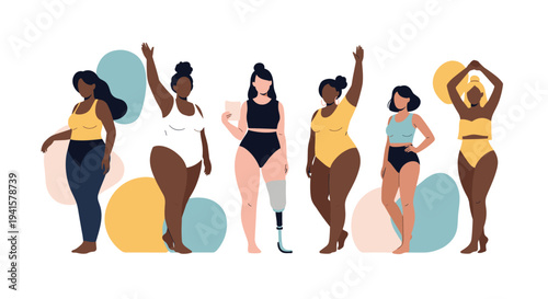 Diverse group of women with different body types and backgrounds stand together in swimsuits celebrating body positivity and inclusivity.