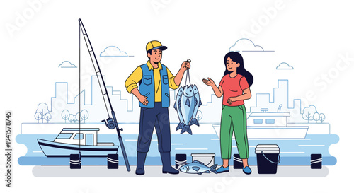 Professional fisherman shows his successful catch of the day to a woman on a city pier with boats and buildings in the background.