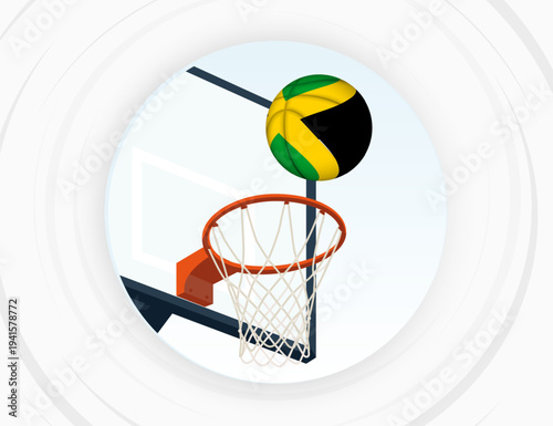 Jamaica Flag Themed Basketball in Motion, Scoring Moment in Basketball Game.