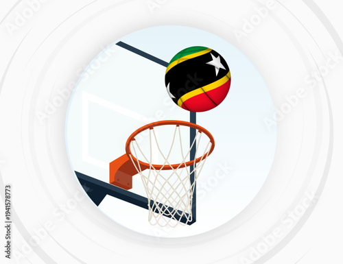 Saint Kitts and Nevis Flag Themed Basketball in Motion, Scoring Moment in Basketball Game.