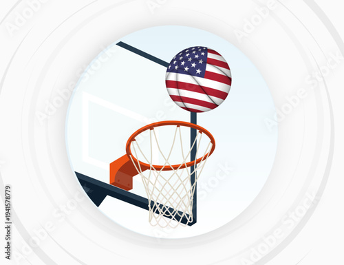 USA Flag Themed Basketball in Motion, Scoring Moment in Basketball Game.