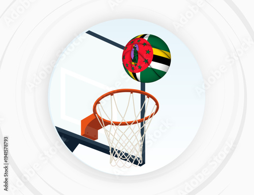 Dominica Flag Themed Basketball in Motion, Scoring Moment in Basketball Game.