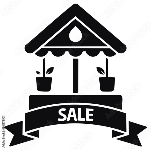 Black and white illustration of a shop with plants in pots and a sale sign