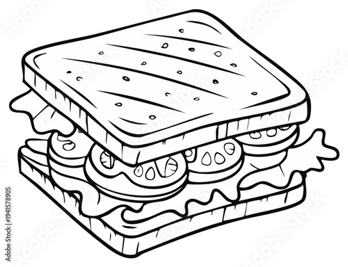 Black and white cartoon sandwich with lettuce and tomato slices a tasty lunch or breakfast