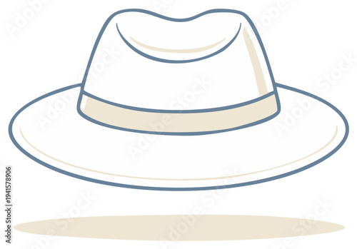 Stylized White Fedora with Brim Cartoon Style Illustration isolated on White