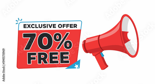 Bright promotional banner with megaphone announcing exclusive 70 percent discount special offer for online shopping