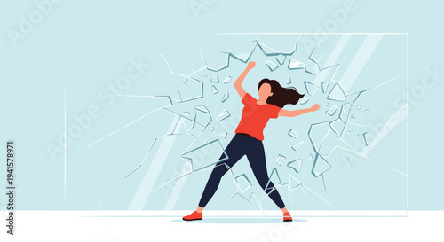 Determined woman breaks through a glass barrier in a powerful metaphor for overcoming obstacles and achieving social or career breakthroughs.