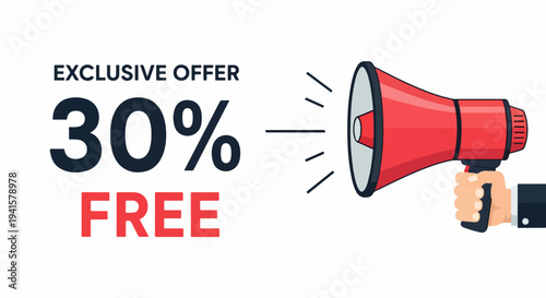 Exclusive sale concept with megaphone and bold 30 percent free promotional message