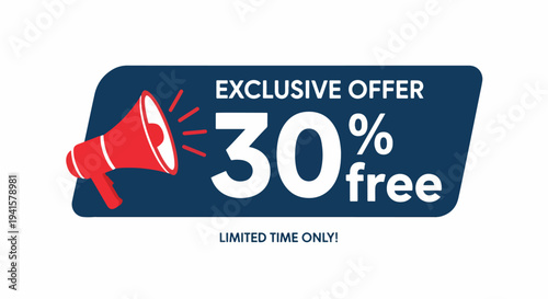 Modern promotion banner with megaphone announcing 30 percent free special offer for customers
