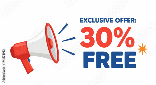 Bright advertising banner with megaphone announcing exclusive 30 percent free deal and promotional message