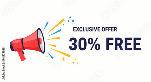 Exclusive 30 percent free promotional banner with megaphone announcing special marketing offer for online shopping
