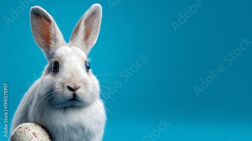 White Easter bunny with large ears and blue eyes sitting beside a speckled egg against a vibrant blue background, ideal for holiday-themed designs and decorations