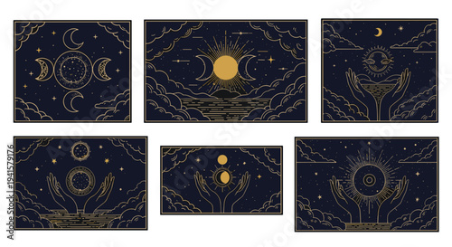 Collection of mystical celestial and occult illustrations featuring golden moon phases, sun symbols, and hands against a dark night sky.