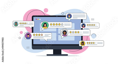 Modern desktop monitor displays numerous customer reviews and star rating bubbles symbolizing online reputation and user feedback management.