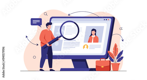 Human resources professional uses a large magnifying glass to search and evaluate candidate profiles on a computer monitor for recruitment.