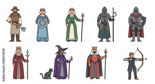 Diverse set of medieval character illustrations including a peasant, knights, queen, witch with a cat, king, and an archer with a bow.