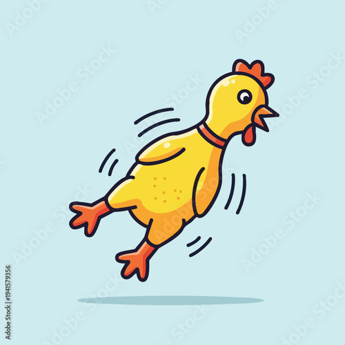 Cartoon illustration of a yellow rubber chicken squawking and flailing its wings in a playful manner against a light blue background.