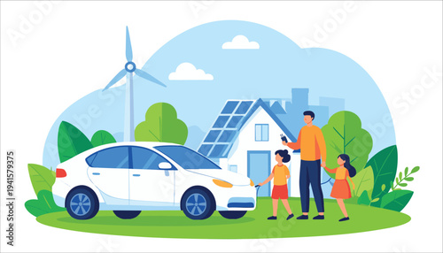 vector Illustration of family with electric vehicle and sustainable house