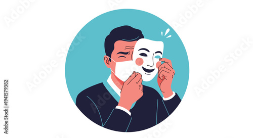 Thoughtful illustration of a man wearing a protective surgical mask while holding up a happy theatrical mask to hide his true emotions.