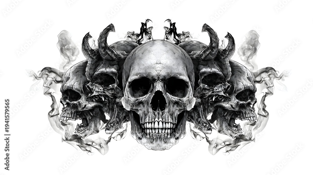 Obraz premium Hyper dark fantasy tattoo design concept showcasing a detailed skull and bones central element encircled by multiple demonic visages and swirling smoke in stark black and white ink