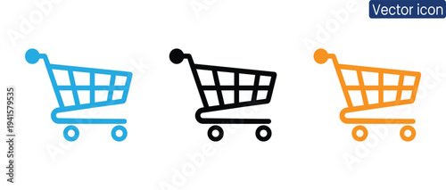 Vibrant shopping cart icons in blue, black, and orange for e-commerce use