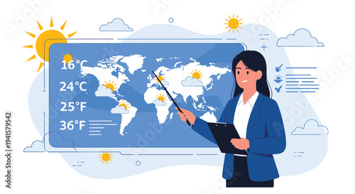 Professional female news presenter points to a world map showing weather forecasts and sun icons during a television broadcast report.