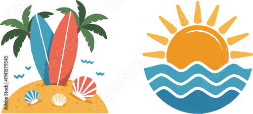 A vibrant illustration depicts surfboards a sun ocean waves and shells on a sandy beach