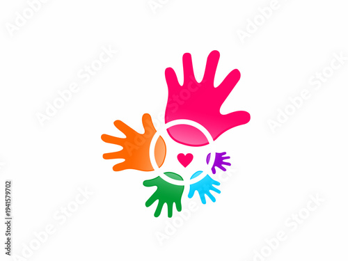 Community Unity and Love Logo with Colorful Hands Around a Heart Symbol and White Circular Frame on White Background