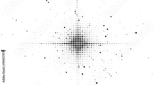 Centrally focused starburst halftone design concept with black dots texture and dynamic point expansion for high-impact technology themed graphic visuals.