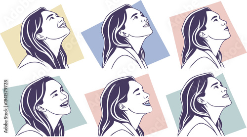 A series of stylized illustrations depicting a woman looking upwards with varying expressions high quality professional