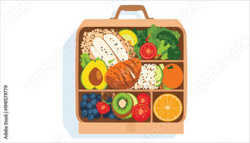 vector A nutritious meal in a wooden lunchbox with fruits, vegetables, and sandwiches