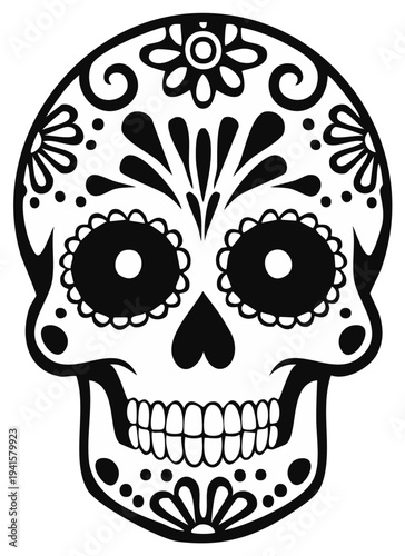 Black and white sugar skull design with decorative details for Day of the Dead celebration