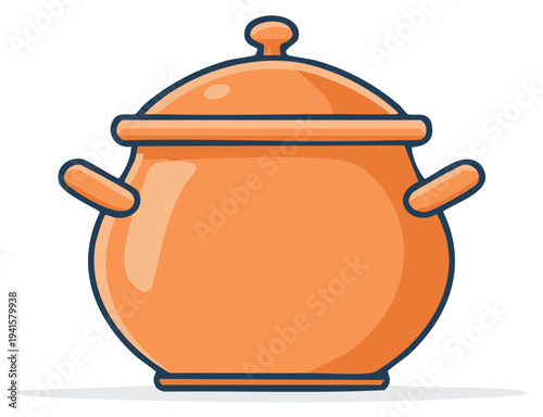 Orange cartoon pot illustration with lid and handles, perfect for cooking, simmering and stewing