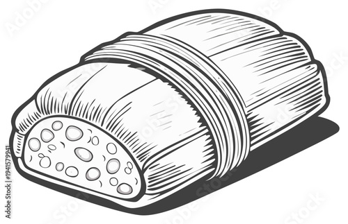 Ink drawing of a traditional wrapped dish, food illustration
