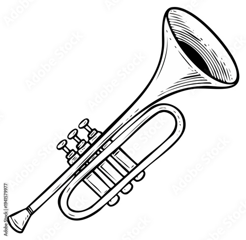Detailed illustration of a trumpet, a brass musical instrument in a classic engraved style, isolated.