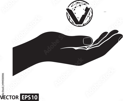 Black silhouette of an open hand holding a stylized globe with letter V white d