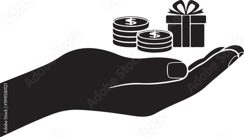 Black hand holding gift box and dollar coins on white background present money