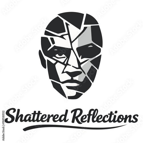 Abstract artistic illustration of a shattered human face made from broken geometric pieces isolated design