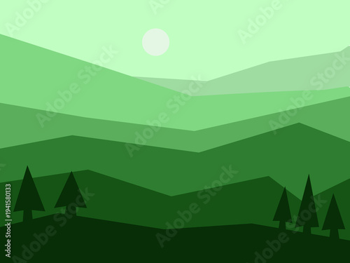 Green Layered Mountain Landscape Illustration