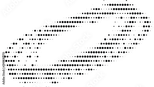Abstract tilted circular orbit halftone design concept with black dots texture and dynamic movement paths isolated on a clean white background.