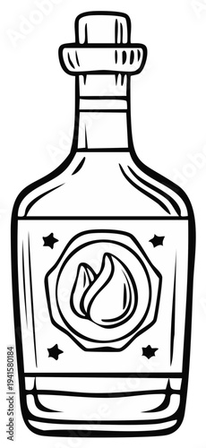 Potion Bottle Outline Illustration with Flames and Cork Stopper, Magic Elixir or Medicine Bottle
